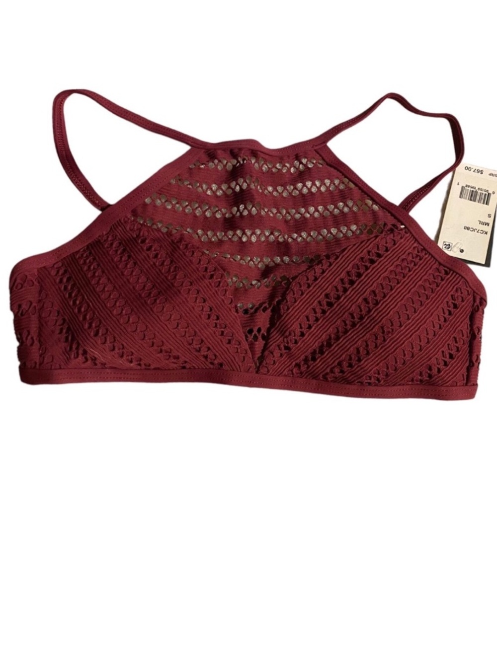 Kenneth Cole Swim Bikini Top New York Nwt Crochet High Neck Merlot Cropped Small